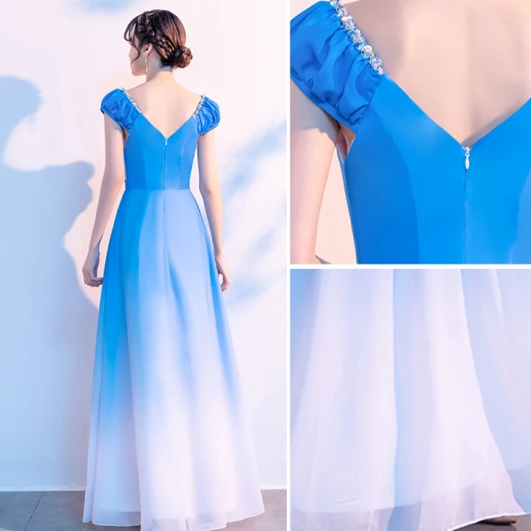 Traditional Pool Blue Gradient-Color Prom Dresses 2021 A-Line / Princess V-Neck Beading Rhinestone Sequins Short Sleeve Backless Floor-Length / Long Prom Formal Dresses