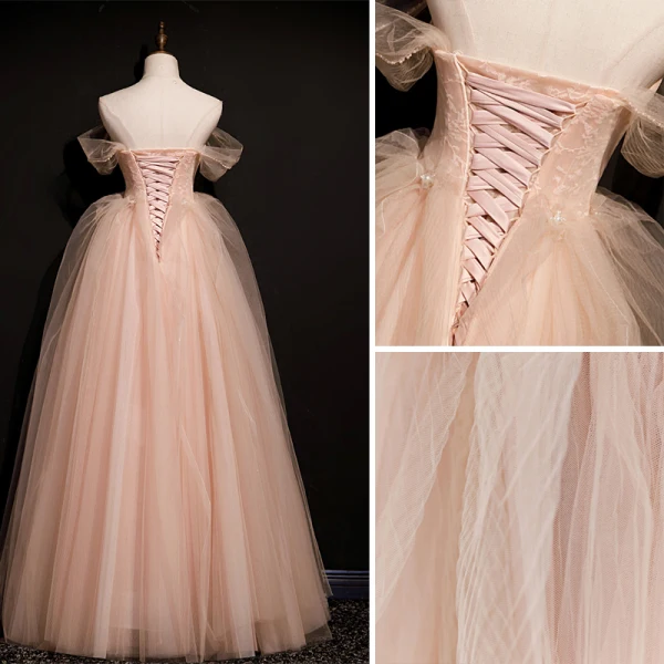 Chic / Beautiful Blushing Pink Prom Dresses 2021 A-Line / Princess Off-The-Shoulder Sleeveless Backless Beading Floor-Length / Long Prom Formal Dresses