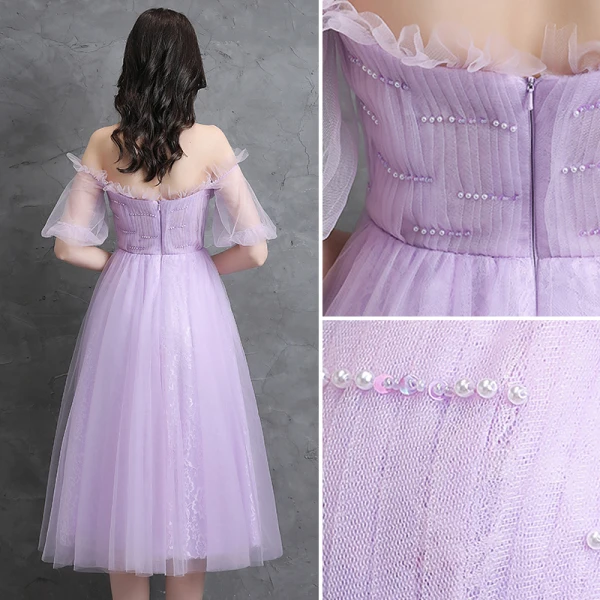 Modest / Simple Lavender Homecoming Graduation Dresses 2021 A-Line / Princess Off-The-Shoulder Pearl Short Sleeve Backless Tea-length Formal Dresses