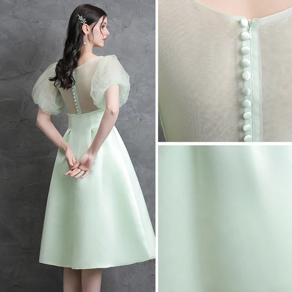 Modest / Simple Sage Green Homecoming Satin Graduation Dresses 2021 A-Line / Princess Square Neckline Bow Short Sleeve Tea-length Formal Dresses