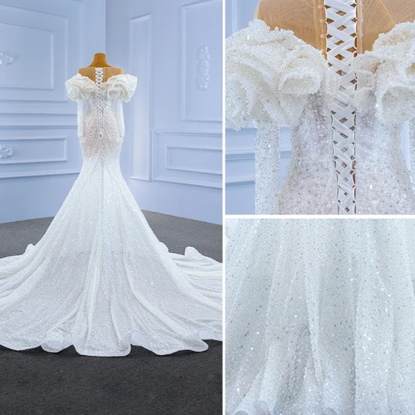 Luxury / Gorgeous Ivory Wedding Dresses 2021 Trumpet / Mermaid Beading Pearl Rhinestone Sequins Scoop Neck Long Sleeve Chapel Train Wedding