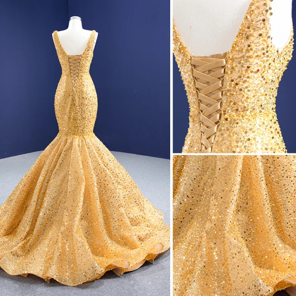 Haut de Gamme Doré Robe De Mariée 2021 Trompette / Sirène V-Cou Perlage Perle Paillettes Sans Manches Dos Nu Train De Balayage Mariage