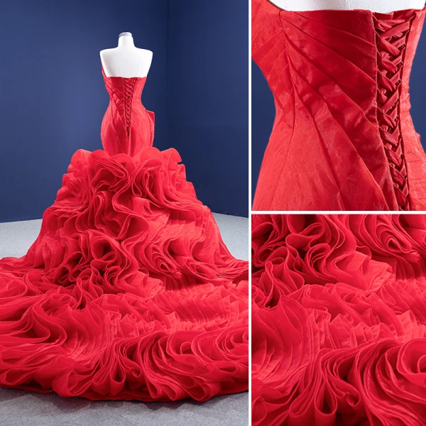 Sexy High-end Red Wedding Dresses 2021 Trumpet / Mermaid Strapless Sleeveless Backless Cascading Ruffles Royal Train Wedding