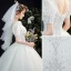 Viktorianischer Stil Vintage Ivory / Creme Spitze Blumen Brautkleider / Hochzeitskleider 2021 A Linie Eckiger Ausschnitt Kurze Ärmel Rückenfreies Hof-Schleppe Hochzeit