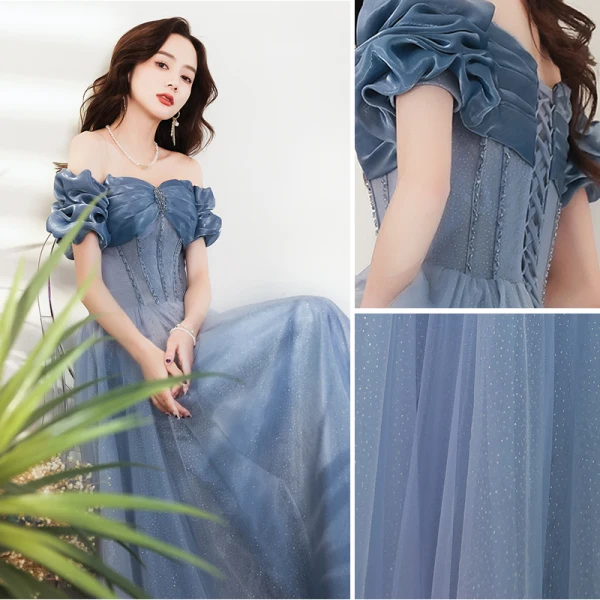 Charming Ocean Blue Evening Dresses Prom Dresses 2021 A-Line / Princess Off-The-Shoulder Beading Short Sleeve Backless Prom Floor-Length / Long Formal Dresses