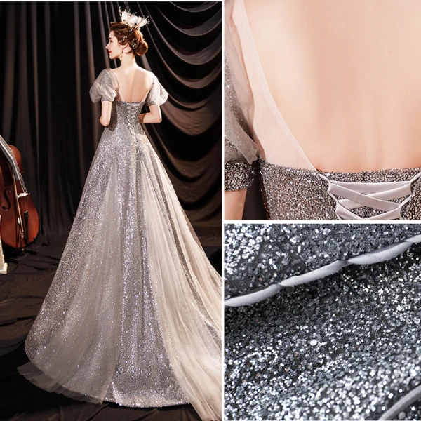 Vintage / Originale Scintillantes Argenté Glitter Paillettes Robe De Soirée Robe De Bal 2021 Princesse Encolure Dégagée Gonflée Manches Courtes Dos Nu Longue Robe De Ceremonie