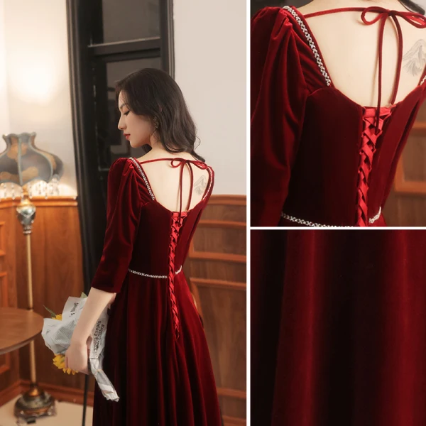 Charming Burgundy Suede Evening Dresses  2021 A-Line / Princess Square Neckline Rhinestone 1/2 Sleeves Backless Bow Floor-Length / Long Evening Party Formal Dresses