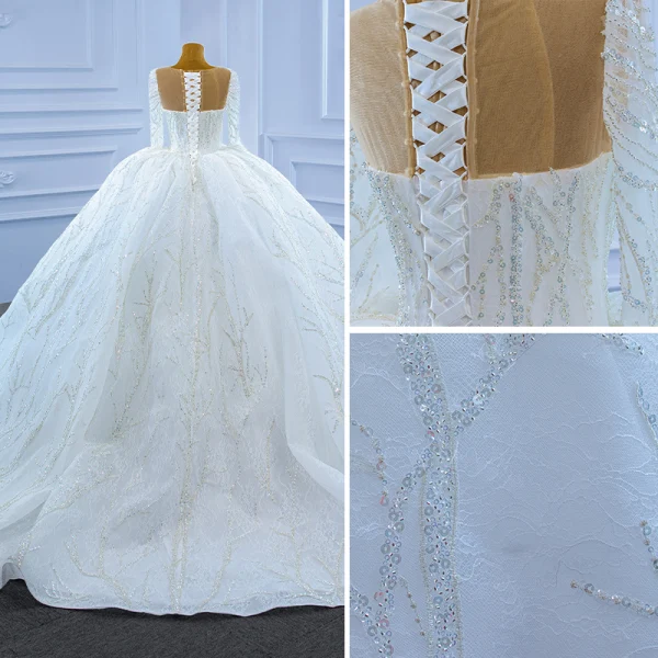 High-end Luxury / Gorgeous Ivory Beading Crystal Sequins Wedding Dresses 2021 Ball Gown Scoop Neck 3/4 Sleeve Cathedral Train Wedding