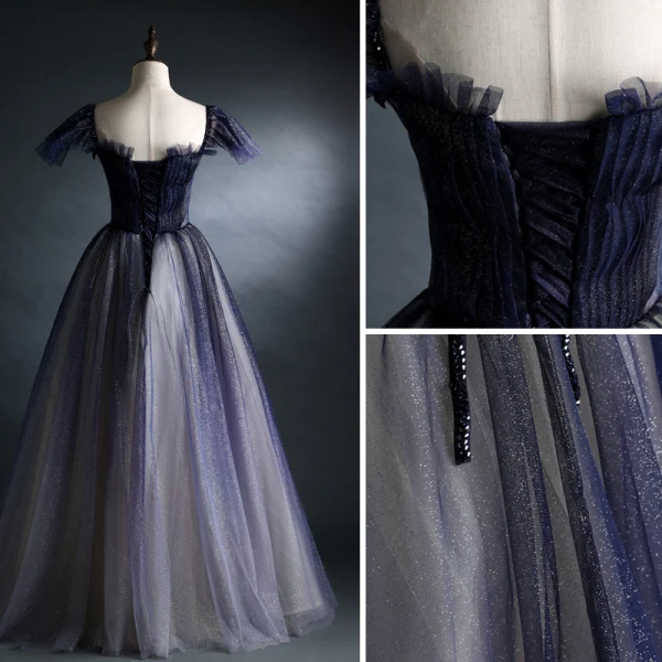 Vintage / Retro Navy Blue Glitter Prom Dresses 2021 A-Line / Princess Square Neckline Beading Crystal Short Sleeve Backless Floor-Length / Long Prom Formal Dresses
