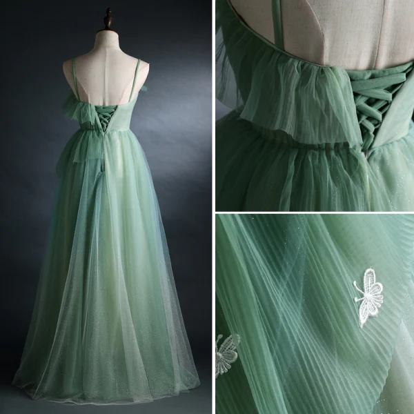 Chic / Beautiful Sage Green Prom Dresses 2021 A-Line / Princess Spaghetti Straps Lace Butterfly Sleeveless Backless Floor-Length / Long Prom Formal Dresses