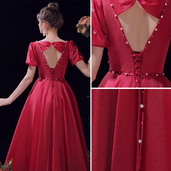 Chic / Belle Bordeaux de retour Satin Robe De Graduation 2021 Princesse Encolure Carrée Perle Ceinture Manches Courtes Dos Nu Asymétrique Robe De Ceremonie