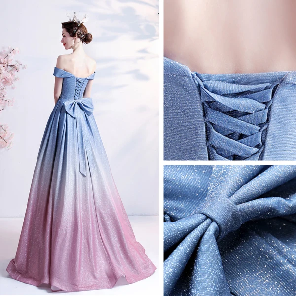 Fashion Gradient-Color Sky Blue Glitter Prom Dresses 2021 A-Line / Princess Off-The-Shoulder Short Sleeve Backless Bow Floor-Length / Long Prom Formal Dresses
