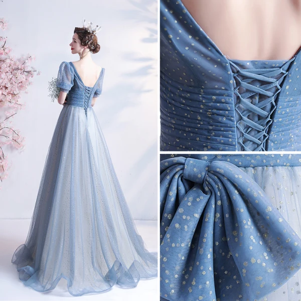Chic / Belle Bleu Ciel Paillettes Robe De Bal 2021 Princesse V-Cou Manches Courtes Dos Nu Noeud Longue Promo Robe De Ceremonie