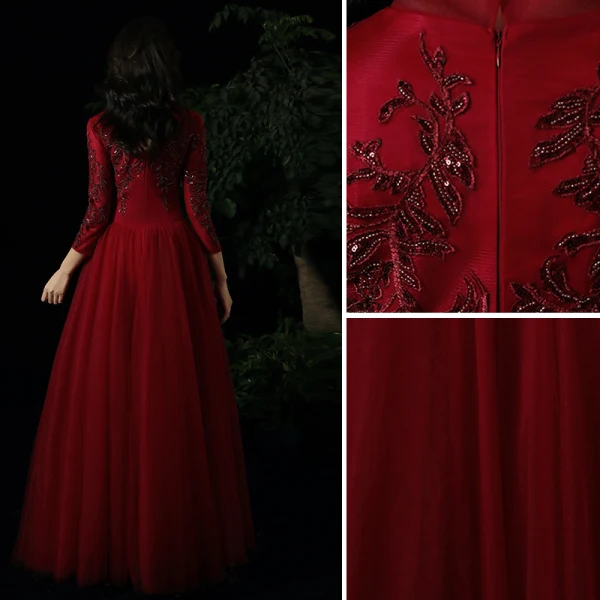 Charming Red Evening Dresses  2021 A-Line / Princess V-Neck Beading Sequins Lace Flower 3/4 Sleeve Floor-Length / Long Evening Party Formal Dresses