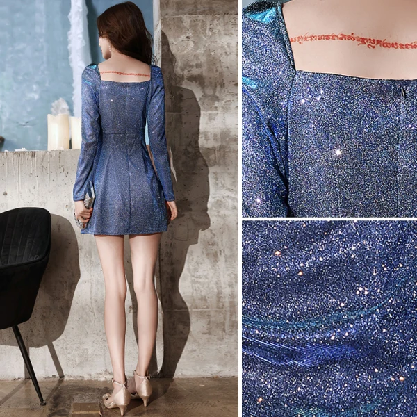 Sexy Meeresblau Strass Pailletten Kurze Abendkleider 2021 A Linie Eckiger Ausschnitt Lange Ärmel Rückenfreies Abend Festliche Kleider