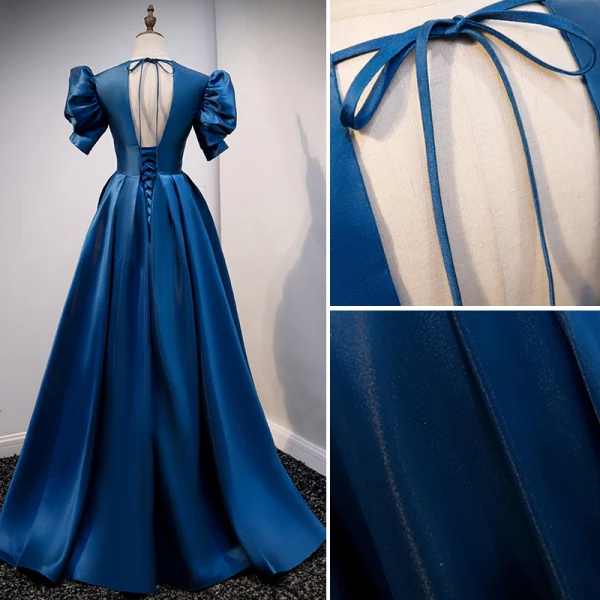 Vintage / Retro Royal Blue Satin Prom Dresses 2021 A-Line / Princess V-Neck Bell sleeves Backless Floor-Length / Long Prom Formal Dresses