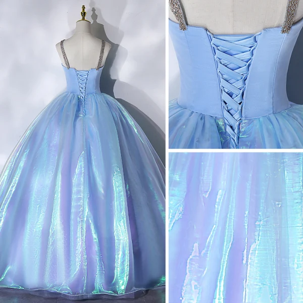 blue sequin dress maxi Off Shoulder Light Blue Tulle Long Prom Dresses with Lace Appliques, H –  Shiny Party main image 0