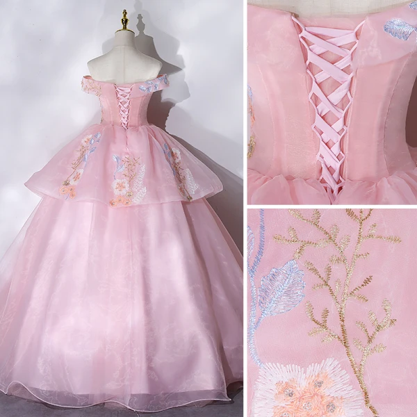 Elegant Candy Pink Prom Dresses 2021 Ball Gown Off-The-Shoulder Beading Pearl Rhinestone Lace Flower Sleeveless Backless Floor-Length / Long Prom Formal Dresses