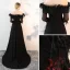 Schöne Schwarz Abendkleider 2018 A Linie Spitze Feder Pailletten Off Shoulder 3/4 Ärmel Gespaltete Front Sweep / Pinsel Zug Festliche Kleider