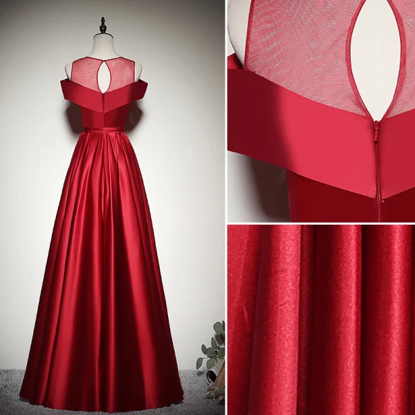 Elegant Solid Color Burgundy Evening Dresses  2020 A-Line / Princess Scoop Neck Short Sleeve Backless Floor-Length / Long Formal Dresses