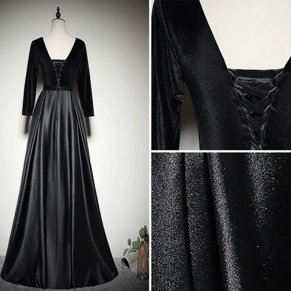 Modest / Simple Black Evening Dresses 2020 A-Line / Princess Suede V-Neck Long Sleeve Backless Floor-Length / Long Formal Dresses