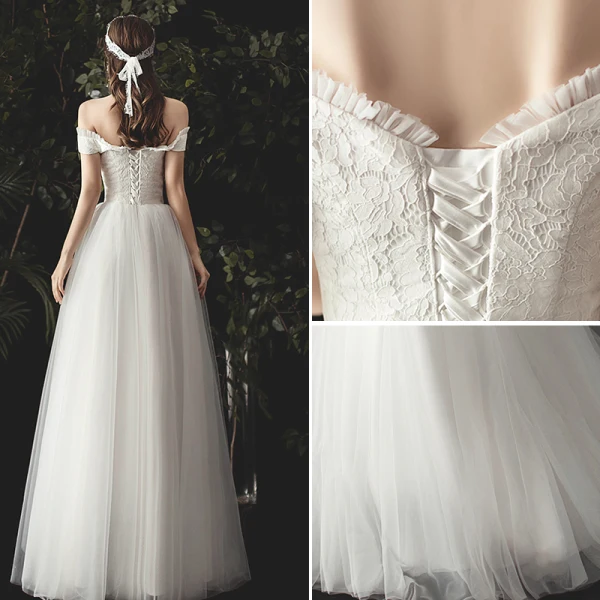 Charmant Ivoire Robe De Mariée 2020 Princesse Volants De l'épaule En Dentelle Fleur Sans Manches Dos Nu Longue
