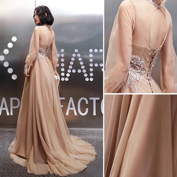 Elegant Champagne Evening Dresses 2020 A-Line / Princess High Neck Rhinestone Sequins Lace Flower Long Sleeve Backless Sweep Train Formal Dresses