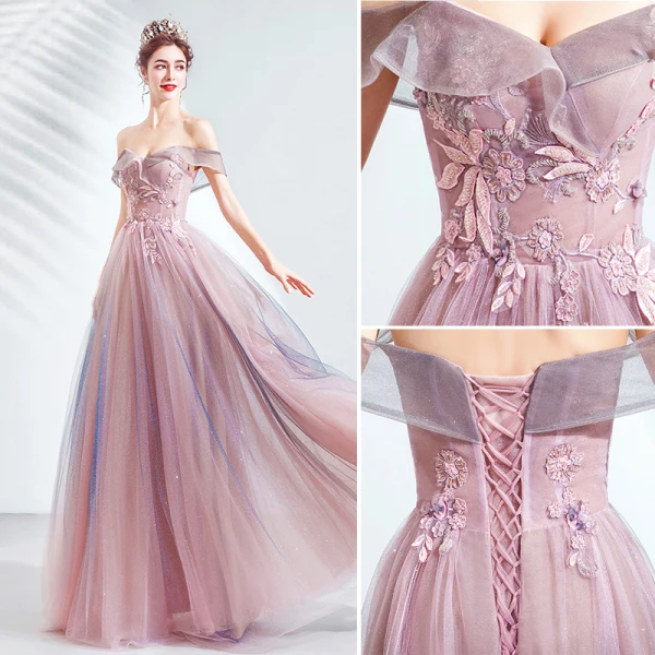 Charming Candy Pink Evening Dresses 2020 A-Line / Princess Off-The-Shoulder Glitter Tulle Beading Lace Flower Sleeveless Backless Floor-Length / Long Formal Dresses