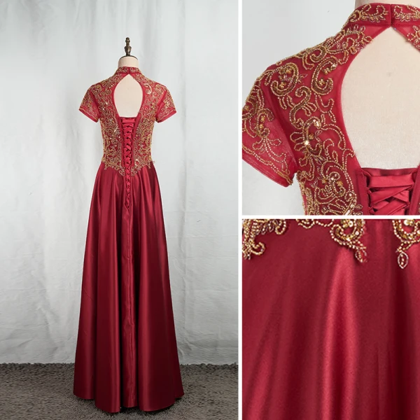 Vintage / Originale Style Chinois Doré En Dentelle Bordeaux Robe De Soirée 2020 Princesse Col Haut Perlage Paillettes Manches Courtes Dos Nu Longue Robe De Ceremonie