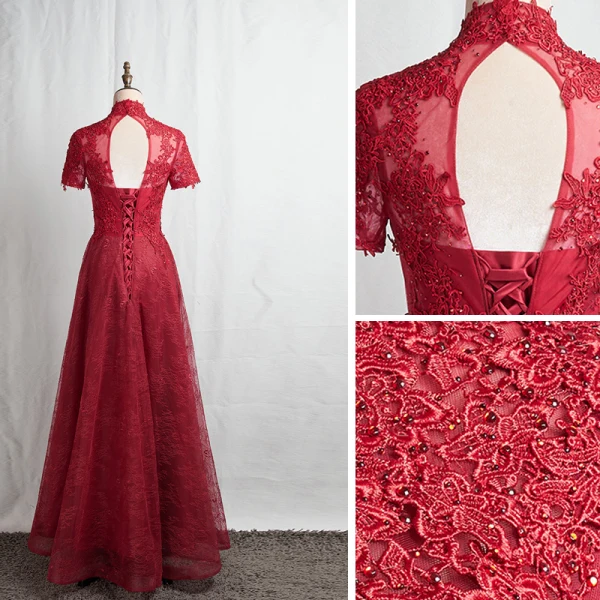 Kinesisk Stil Burgundy Aftonklänningar 2020 Prinsessa Hög Hals Beading Rhinestone Spets Blomma Korta ärm Halterneck Långa Formella Klänningar