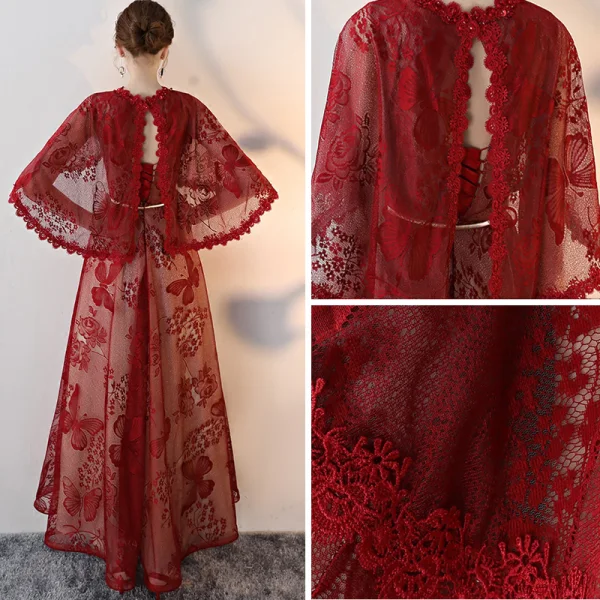 Chic / Belle Bordeaux Robe De Soirée Princesse 2018 Dentelle Impression Noeud Encolure Dégagée Avec Châle Manches Courtes Dos Nu Longue Robe De Ceremonie