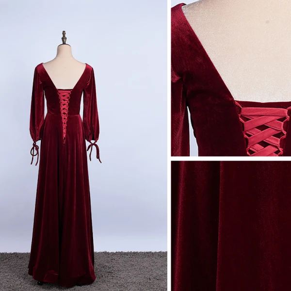 Elegant Burgundy Prom Dresses 2020 A-Line / Princess Suede V-Neck Long Sleeve Backless Floor-Length / Long Formal Dresses