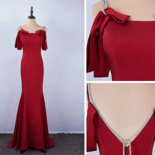 Simple Bordeaux Robe De Soirée 2020 Trompette / Sirène Faux Diamant Bretelles Spaghetti Sans Manches Dos Nu Train De Balayage Robe De Ceremonie