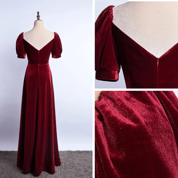 Simple Bordeaux Daim Robe De Soirée 2020 Princesse Encolure Carrée Manches Courtes Dos Nu Longue Robe De Ceremonie