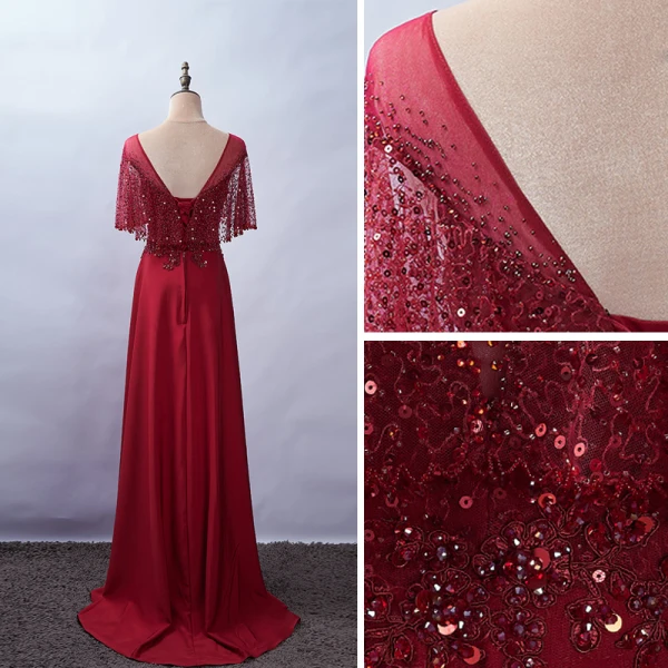 Élégant Bordeaux Robe De Soirée 2020 Princesse Encolure Dégagée Perlage Faux Diamant Paillettes En Dentelle Fleur Manches Courtes Dos Nu Train De Balayage Robe De Ceremonie