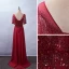 Élégant Bordeaux Robe De Soirée 2020 Princesse Encolure Dégagée Perlage Faux Diamant Paillettes En Dentelle Fleur Manches Courtes Dos Nu Train De Balayage Robe De Ceremonie