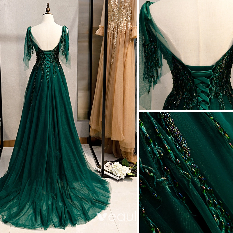 Classy Dark Green Evening Dresses 2020 A Line Princess Sleeveless Beading  Lace Sequins Spaghetti Straps Backless Sweep Train Formal Dresses