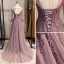 Élégant Lilas Robe De Bal 2020 Princesse Encolure Dégagée Perlage En Dentelle Cristal Manches Longues Dos Nu Train De Balayage Robe De Ceremonie