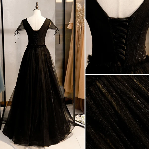 Elegante Schwarz Ballkleider 2020 A Linie V-Ausschnitt Perlenstickerei Ärmel Rückenfreies Lange Festliche Kleider
