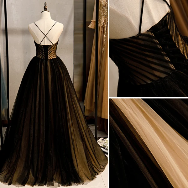 Modest / Simple Black Prom Dresses 2020 Ball Gown Spaghetti Straps Sleeveless Backless Floor-Length / Long Formal Dresses
