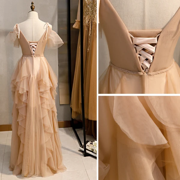 Mode Champagne Robe De Soirée 2020 Princesse Bretelles Spaghetti Sans Manches Dos Nu Volants en Cascade Longue Robe De Ceremonie