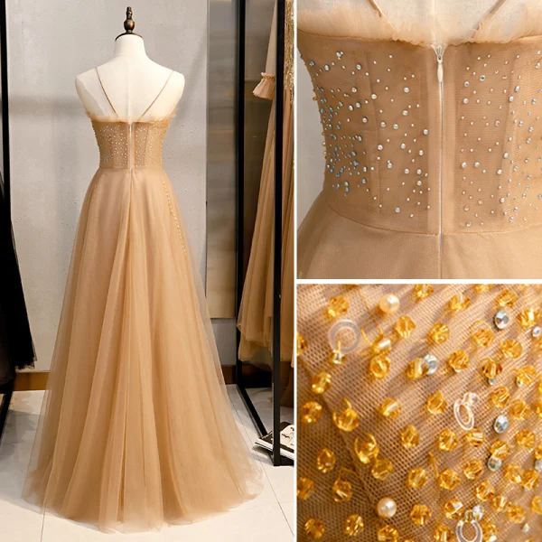 Chic / Beautiful Gold Evening Dresses 2020 A-Line / Princess Spaghetti Straps Beading Pearl Sequins Sleeveless Backless Floor-Length / Long Formal Dresses