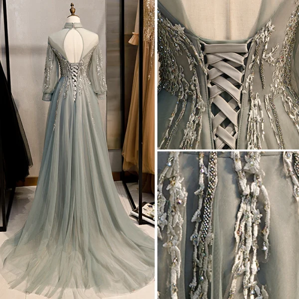 Vintage / Retro Grey Prom Dresses 2020 A-Line / Princess High Neck Beading Rhinestone Lace Flower Long Sleeve Backless Sweep Train Formal Dresses