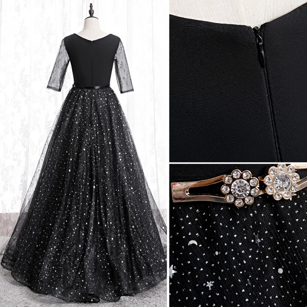 Fashion Black Prom Dresses 2020 A-Line / Princess V-Neck Star Sequins Rhinestone 3/4 Sleeve Backless Floor-Length / Long Formal Dresses