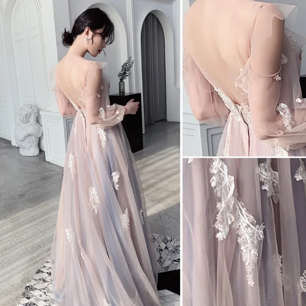 Fashion Blushing Pink Evening Dresses 2020 A-Line / Princess Scoop Neck Beading Lace Flower Long Sleeve Backless Floor-Length / Long Formal Dresses