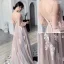 Fashion Blushing Pink Evening Dresses  2020 A-Line / Princess Scoop Neck Beading Lace Flower Long Sleeve Backless Floor-Length / Long Formal Dresses