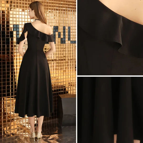 Simple Couleur Unie Noire de retour Robe Noire Courte 2020 Princesse Une épaule Manches Courtes Dos Nu Thé Longueur Robe De Graduation