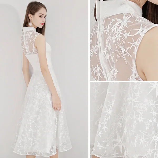 Abordable Ivoire de retour Robe De Graduation 2020 Princesse Col Haut Étoile En Dentelle Sans Manches Thé Longueur Robe De Ceremonie