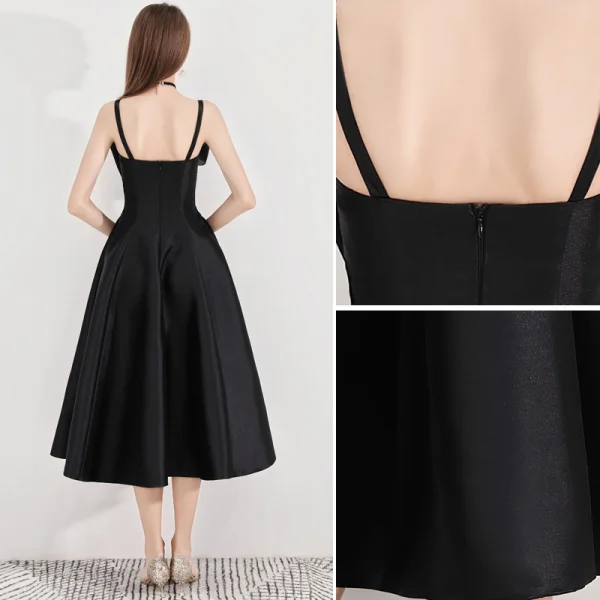 Simple Noire de retour Robe De Graduation 2020 Princesse Bretelles Spaghetti Noeud Sans Manches Dos Nu Thé Longueur Robe De Ceremonie