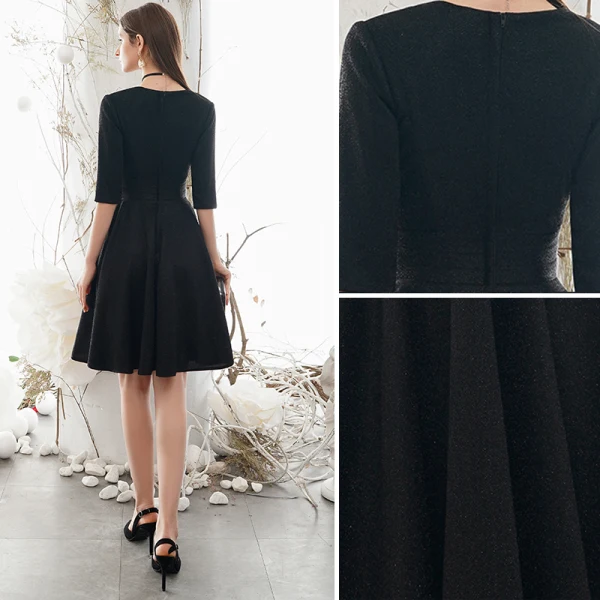 Vintage / Retro Modest / Simple Solid Color Black Homecoming Graduation Dresses 2020 A-Line / Princess V-Neck 1/2 Sleeves Knee-Length Formal Dresses